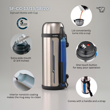 Zojirushi S/S Bottle With Cup (1.3/1.5/1.8/2.0L) SF-CC-13/15/18/20