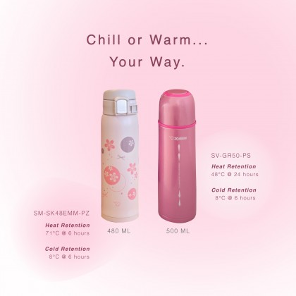 ZOJIRUSHI 0.48L/0.5L S/S ONE TOUCH FLIP-OPEN MUG & BOTTLE WITH CUP - SM-SK-48EMM/SV-GR-50 ZOJIRUSHI 0.48L/0.5L S/S ONE TOUCH FLIP-OPEN MUG & BOTTLE WITH CUP - SM-SK-48EMM/SV-GR-50