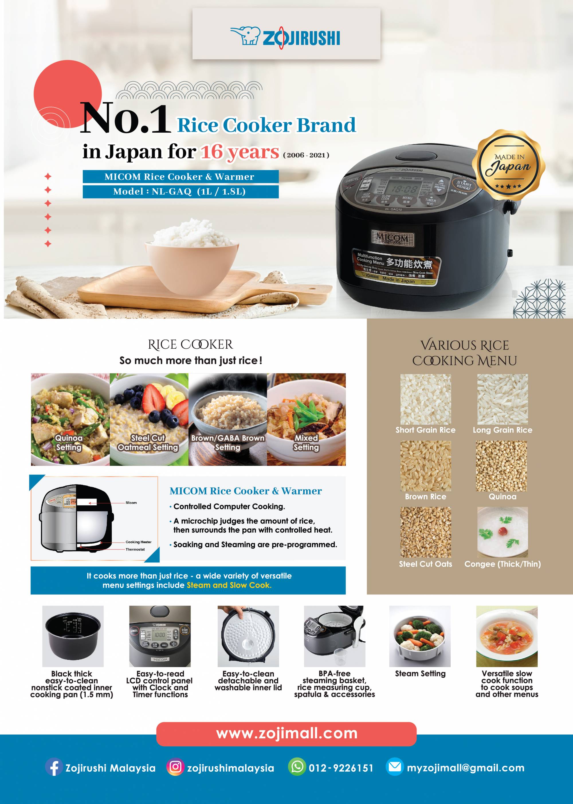 ZOJIRUSHI 1L/1.8L RICE COOKER & WARMER NLGAQ10/18